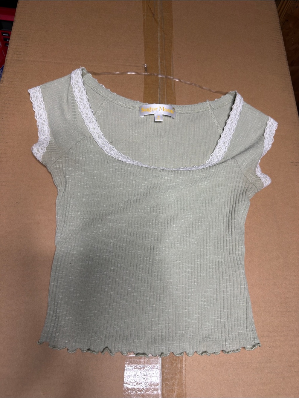 Sage Green Lace-Trim Ribbed Camisole
